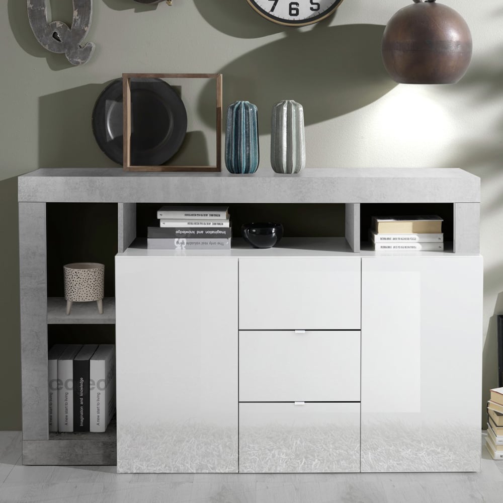 Hanmer White Gloss Sideboard With 2 Doors 3 Drawers In Cement