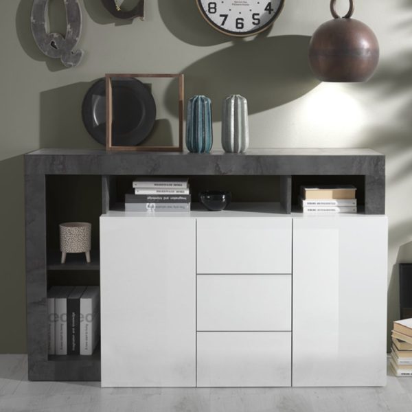 Hanmer White Gloss Sideboard With 2 Doors 3 Drawers In Oxide | Bed Sava