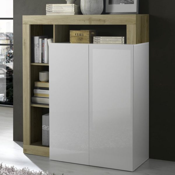 Hanmer White High Gloss Highboard With 2 Doors In Cadiz Oak | Bed Sava