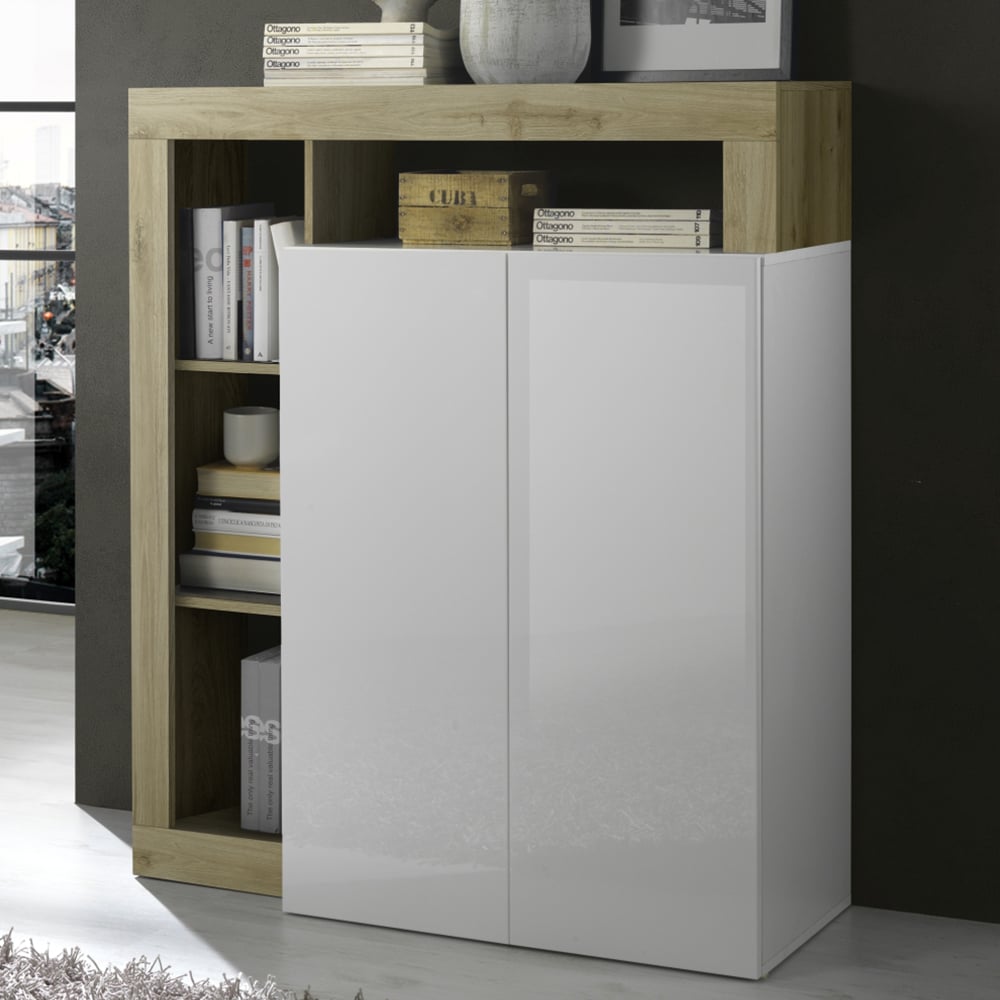 Hanmer White High Gloss Highboard With 2 Doors In Cadiz Oak