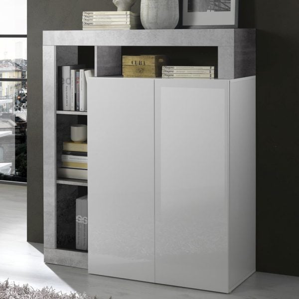 Hanmer White High Gloss Highboard With 2 Doors In Cement | Bed Sava