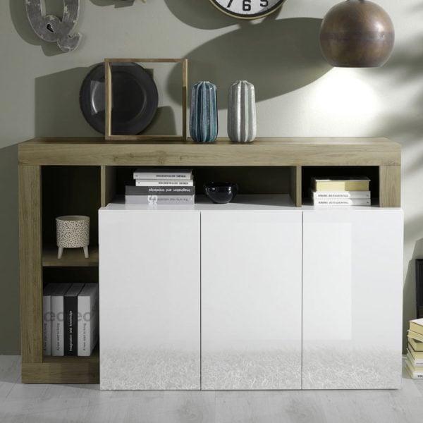 Hanmer White High Gloss Sideboard With 3 Doors In Cadiz Oak | Bed Sava