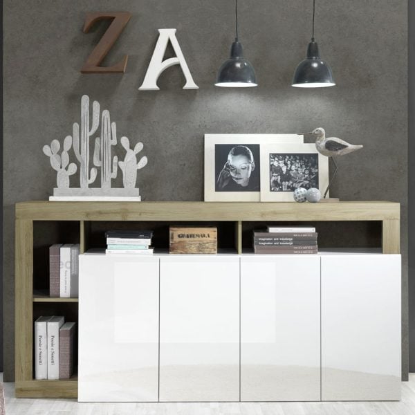 Hanmer White High Gloss Sideboard With 4 Doors In Cadiz Oak | Bed Sava