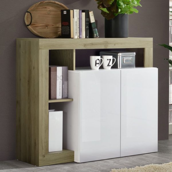 Hanmer White High Gloss Sideboard With 2 Doors In Cadiz Oak | Bed Sava