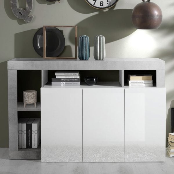 Hanmer White High Gloss Sideboard With 3 Doors In Cement | Bed Sava