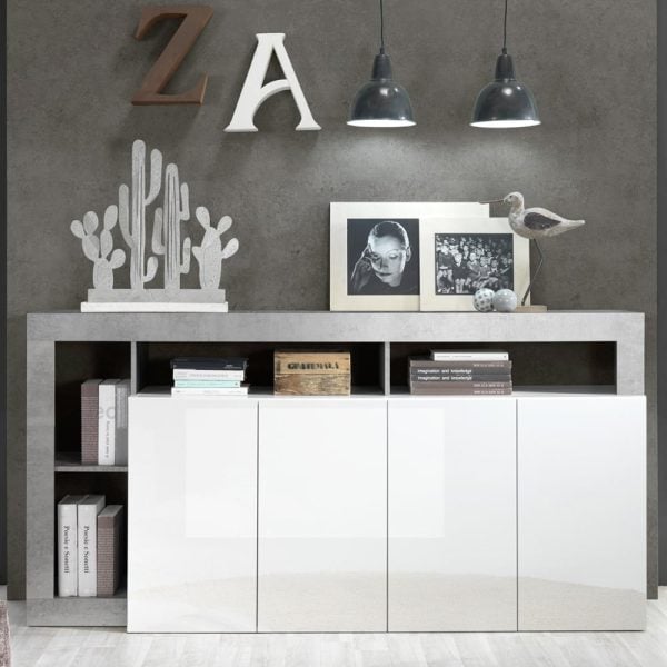 Hanmer White High Gloss Sideboard With 4 Doors In Cement | Bed Sava
