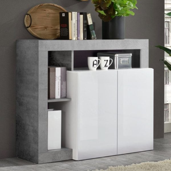 Hanmer White High Gloss Sideboard With 2 Doors In Cement | Bed Sava