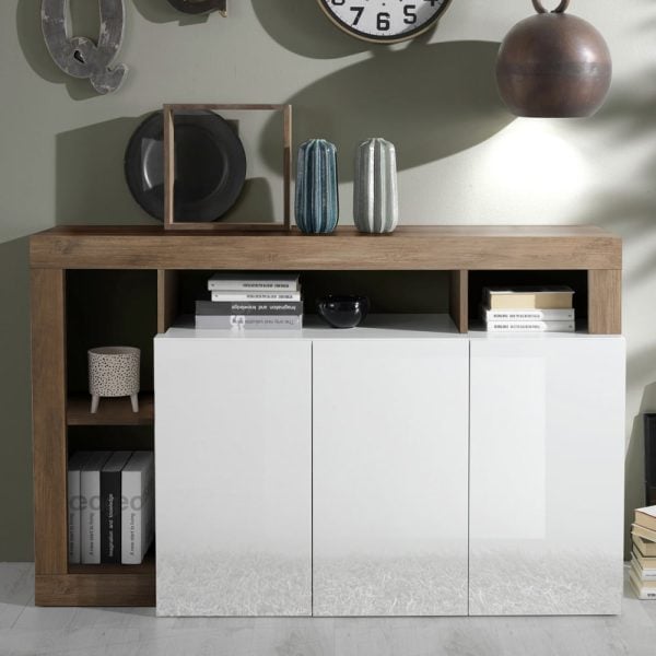 Hanmer White High Gloss Sideboard With 3 Doors In Mercure | Bed Sava