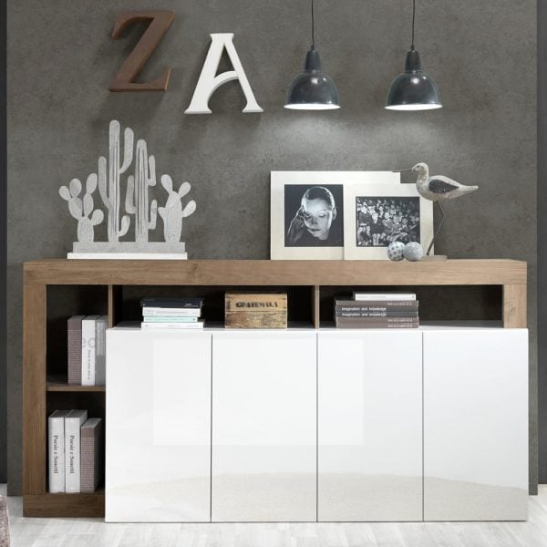 Hanmer White High Gloss Sideboard With 4 Doors In Mercure | Bed Sava