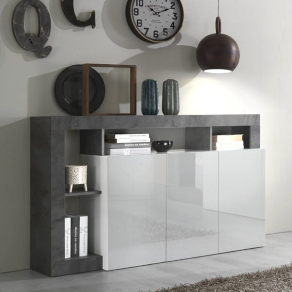 Hanmer White High Gloss Sideboard With 3 Doors In Oxide | Bed Sava