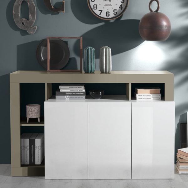 Hanmer White High Gloss Sideboard With 3 Doors In Pewter | Bed Sava