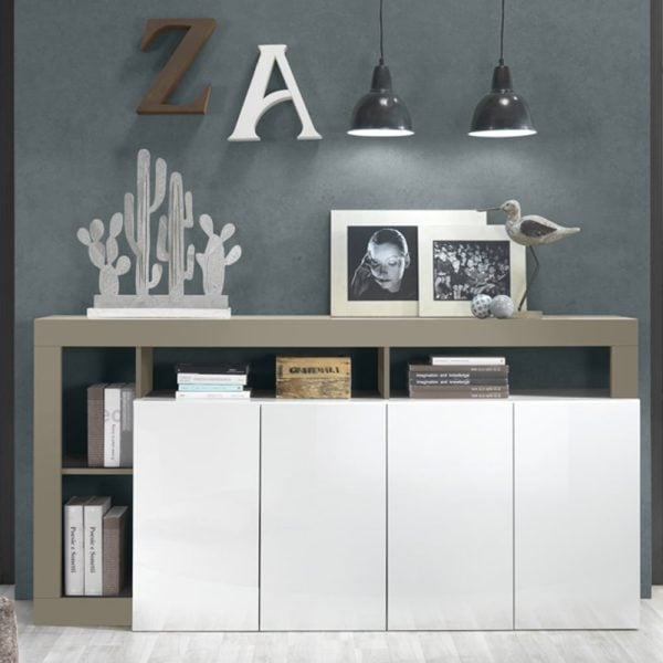 Hanmer White High Gloss Sideboard With 4 Doors In Pewter | Bed Sava