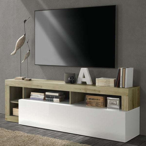 Hanmer White High Gloss TV Stand With 1 Flap Door In Cadiz Oak | Bed Sava