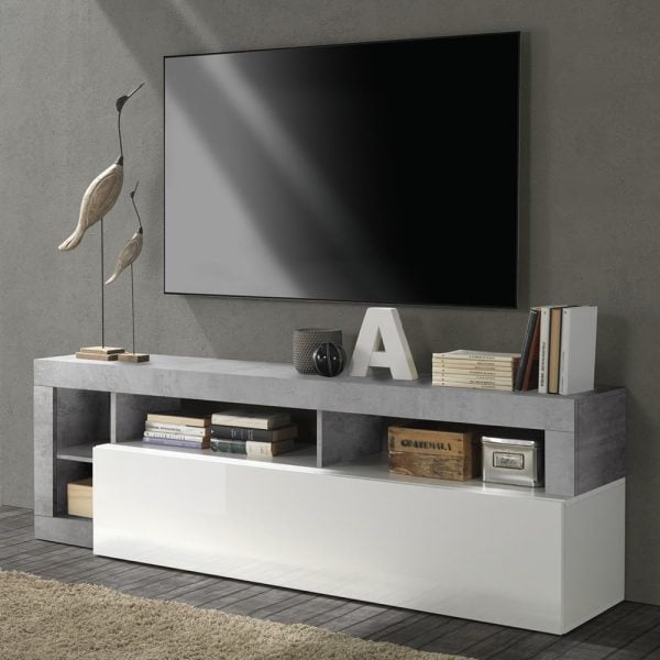Hanmer White High Gloss TV Stand With 1 Flap Door In Cement | Bed Sava