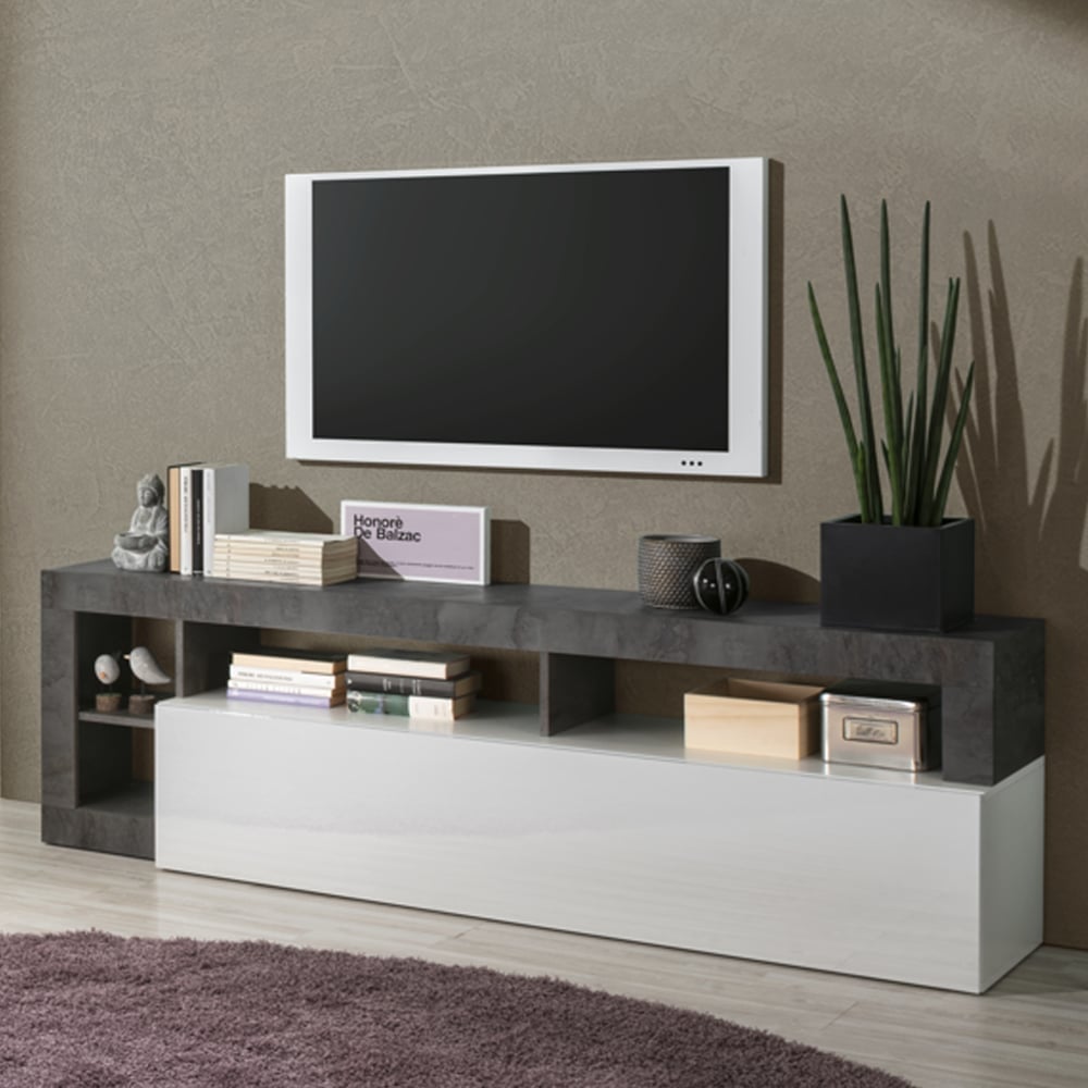 Hanmer White High Gloss TV Stand With 1 Flap Door In Oxide