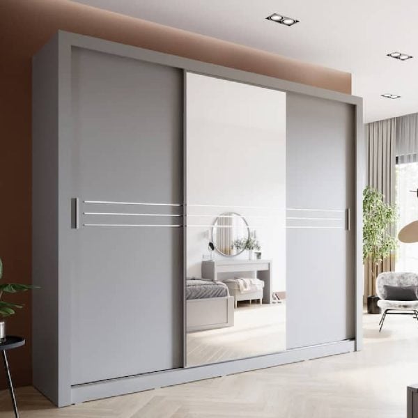 Hanover Wooden Wardrobe With 3 Sliding Doors In Matt Grey | Bed Sava