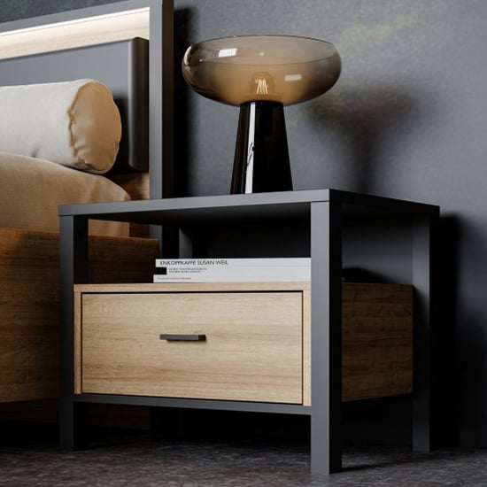 Harbor Wooden Bedside Cabinet With 1 Drawer In Matt Black And Oak
