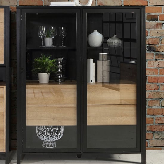 Harbor Wooden Display Cabinet With 2 Doors In Matt Black And Oak