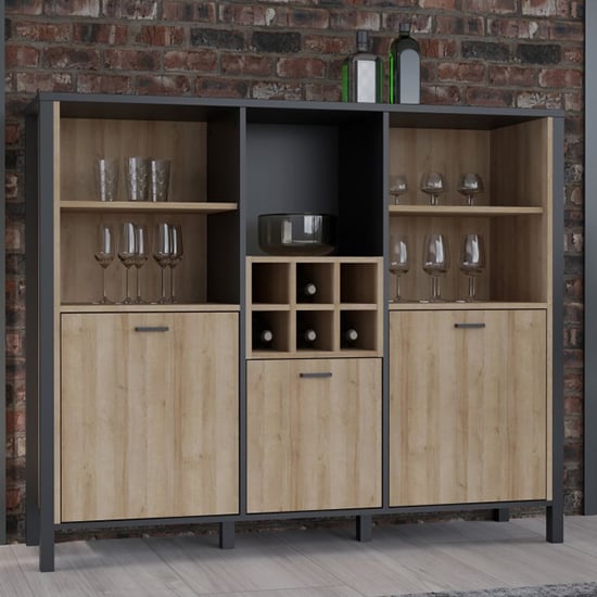 Harbor Wooden Shelving Unit With 3 Doors In Matt Black And Oak