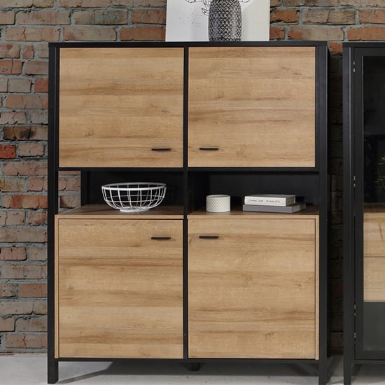 Harbor Wooden Highboard With 4 Doors In Matt Black And Oak