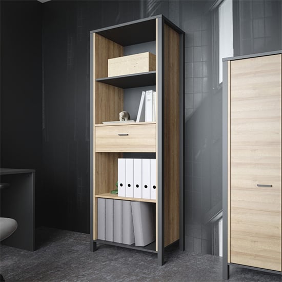 Harbor Wooden Shelving Unit With 1 Drawer In Matt Black And Oak