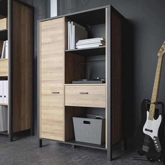 Harbor Wooden Shelving Unit With 1 Door In Matt Black And Oak