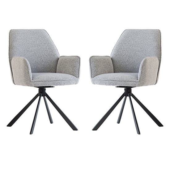 Harris Swivel Grey Boucle Fabric Dining Chairs In Pair