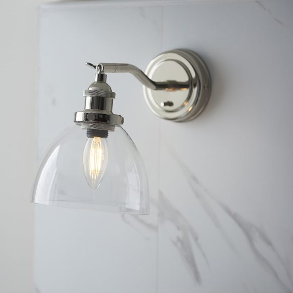 Hartford Clear Glass Shade Wall Light In Bright Nickel | Bed Sava