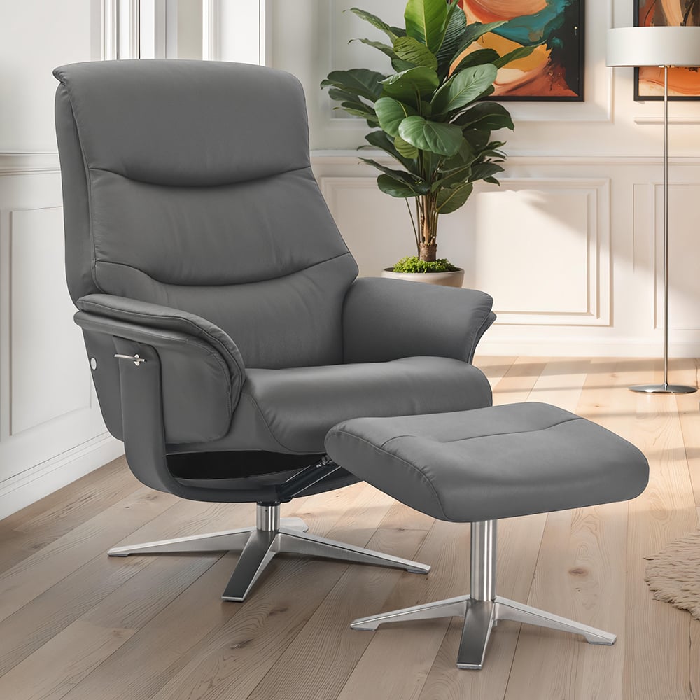 Haslet Faux Leather Recliner Chair With Stool In Iron