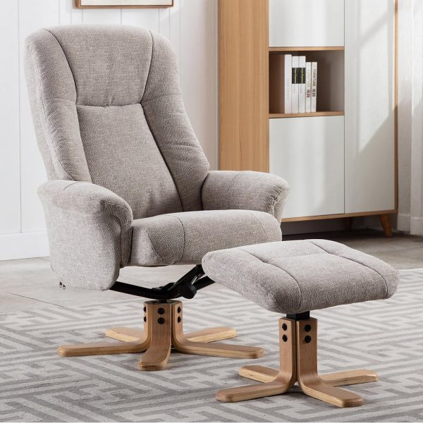 Hatton Fabric Recliner Chair With Stool In Lille Sand And Oak | Bed Sava