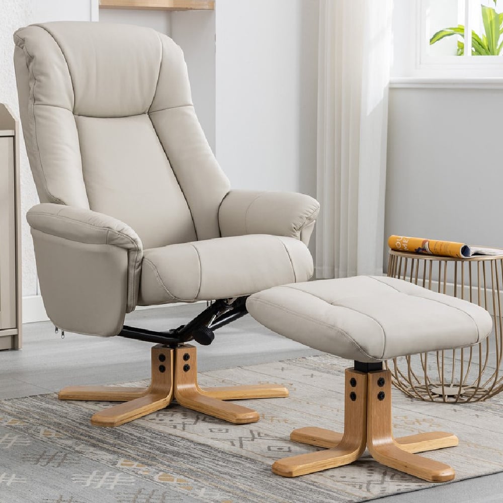 Hatton Leather Recliner Chair With Stool In Mushroom And Oak