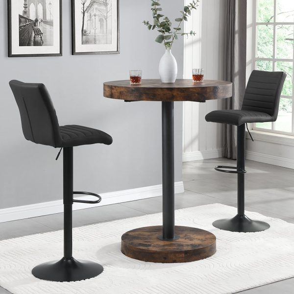 Havana Rustic Oak Bar Table With Black Base 2 Ripple Black Stools | Bed Sava
