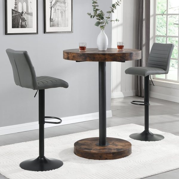 Havana Rustic Oak Bar Table With Black Base 2 Ripple Grey Stools | Bed Sava