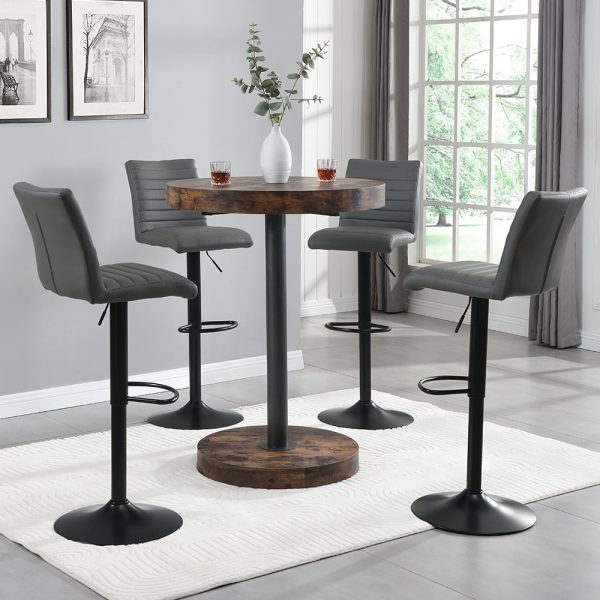 Havana Rustic Oak Bar Table With Black Base 4 Ripple Grey Stools | Bed Sava