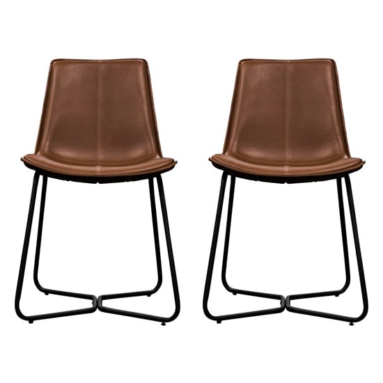 Holland Brown PU Leather Dining Chairs With Black Frame In Pair