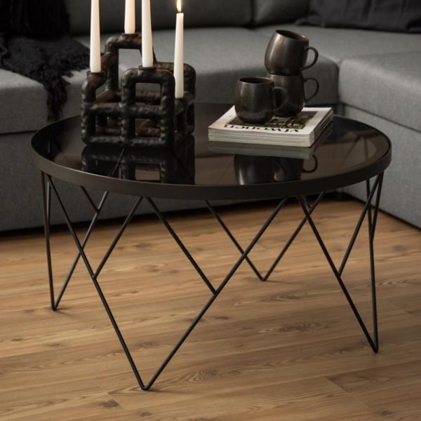 Hawley Smoked Glass Round Coffee Table With Matt Black Frame | Bed Sava