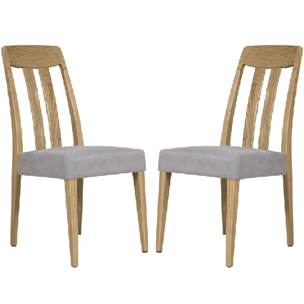 Hazel Oak Wooden Dining Chairs With Grey Fabric Seat In Pair