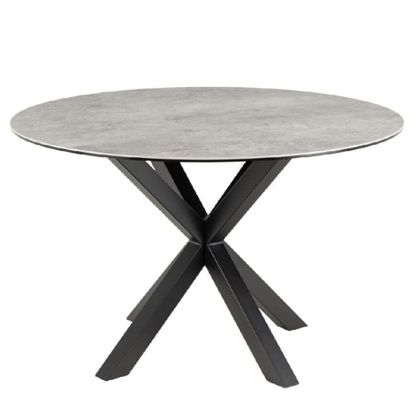 Hebron Ceramic Round Dining Table With Metal Base In Grey | Bed Sava