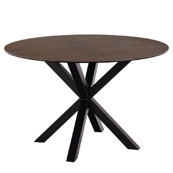 Hebron Ceramic Round Dining Table With Metal Base In Rustic Brown | Bed Sava