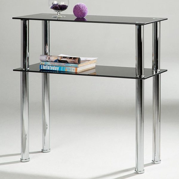 Helotes Black Glass Console Table With Chrome Legs | Bed Sava