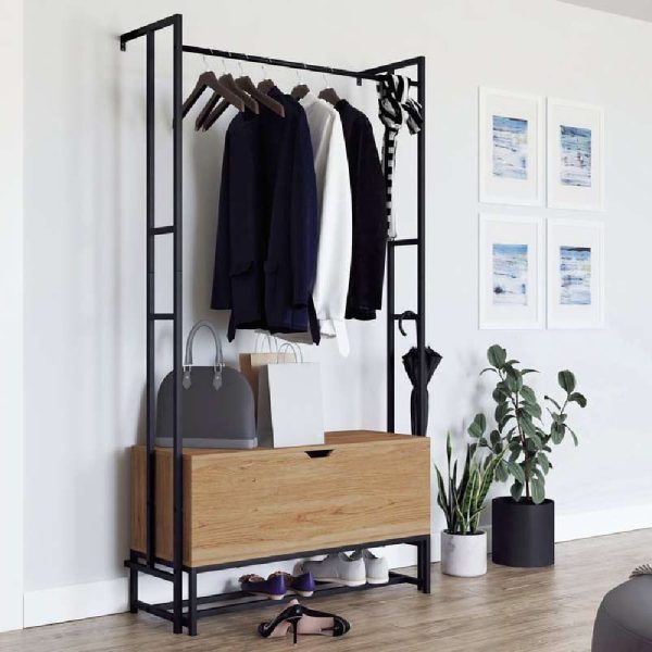 Helotes Wooden Coat Rack With Metal Frame In Serene Walnut | Bed Sava