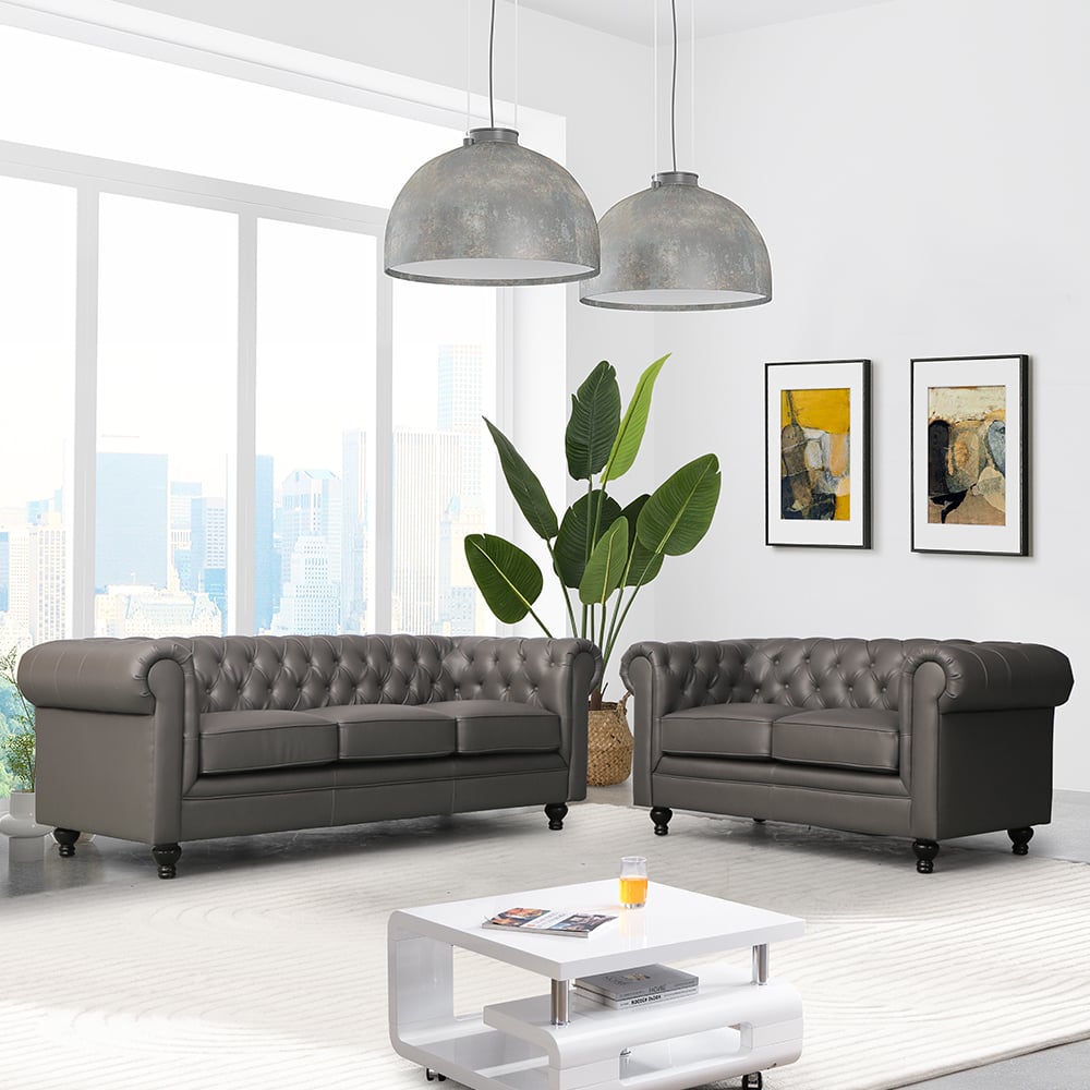 Hertford Faux Leather 3 + 2 Seater Sofa Set In Dark Grey