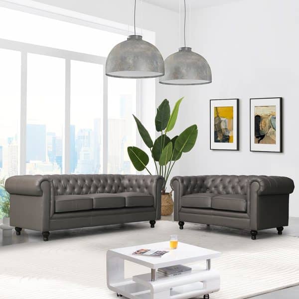 Hertford Faux Leather 3 + 2 Seater Sofa Set In Grey | Bed Sava
