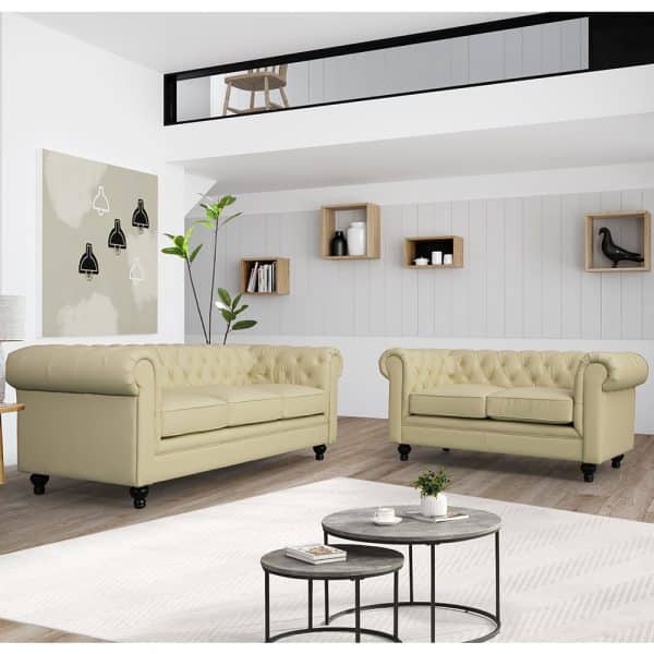 Hertford Faux Leather 3 + 2 Seater Sofa Set In Ivory | Bed Sava