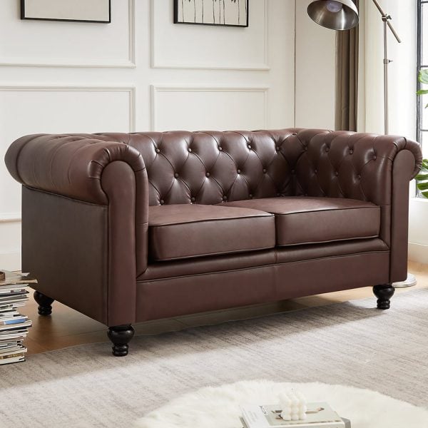 Hertford Chesterfield Faux Leather 2 Seater Sofa In Dark Brown | Bed Sava