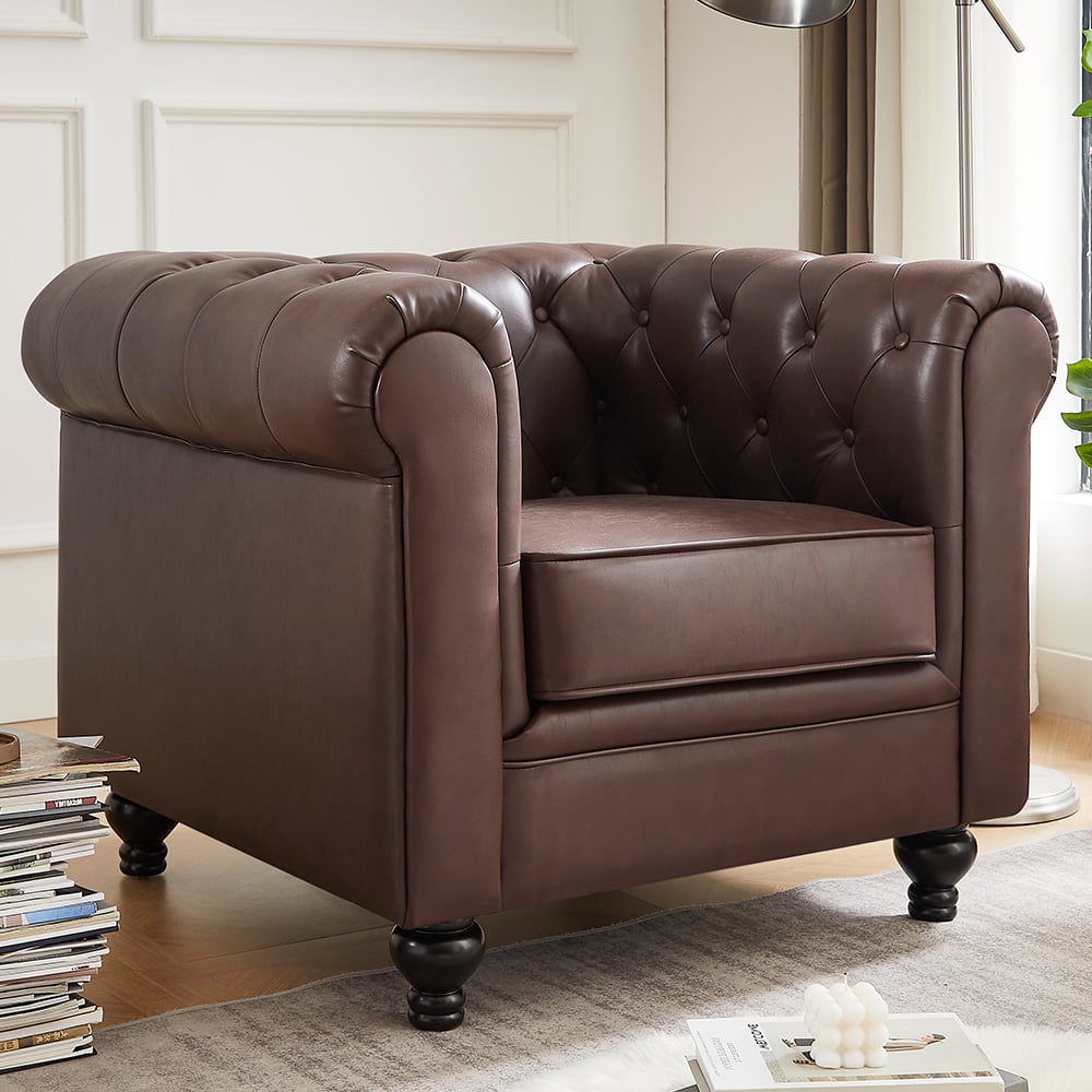 Hertford Chesterfield Faux Leather 1 Seater Sofa In Dark Brown