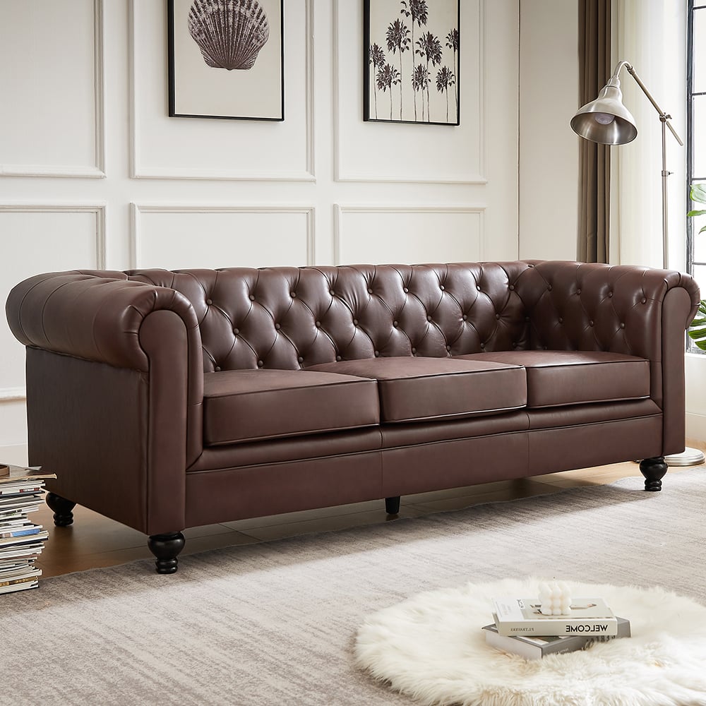 Hertford Chesterfield Faux Leather 3 Seater Sofa In Dark Brown