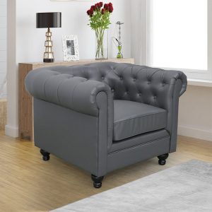 Hertford Chesterfield Faux Leather 1 Seater Sofa In Dark Grey | Bed Sava