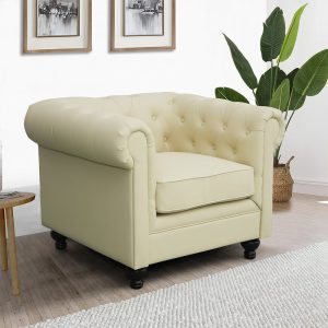 Hertford Chesterfield Faux Leather 1 Seater Sofa In Ivory | Bed Sava