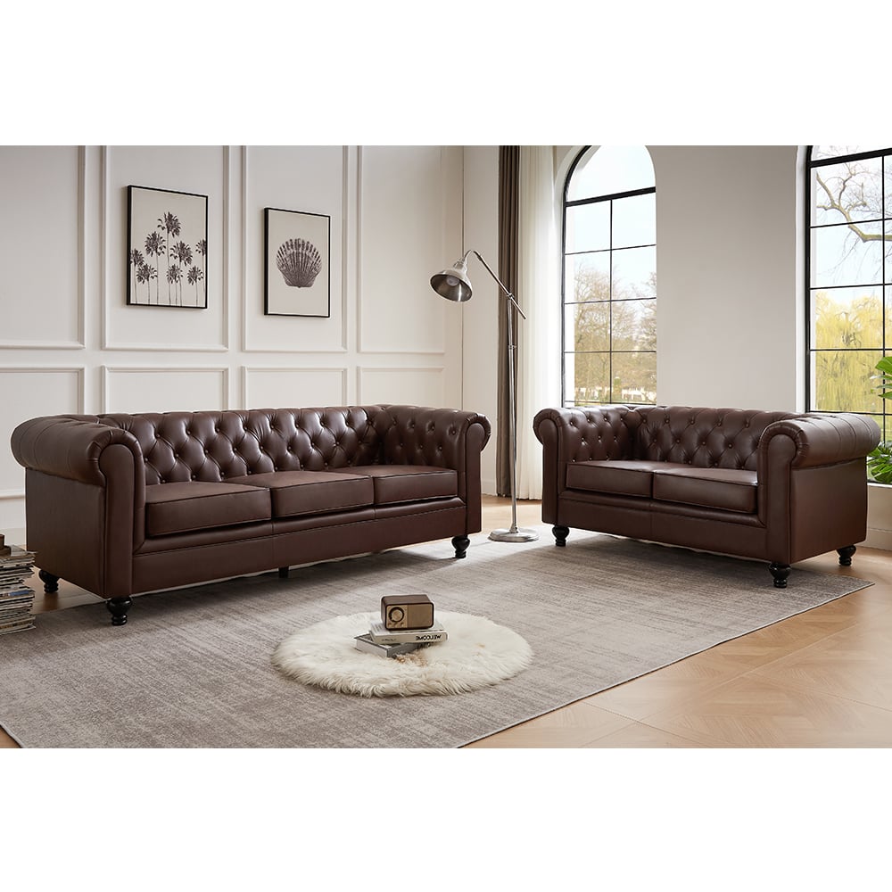 Hertford Faux Leather 3+2 Seater Sofa Set In Dark Brown